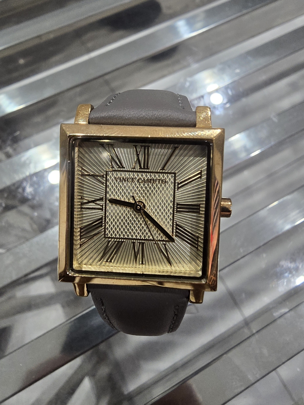 Men's Square Gold-Tone Watch with Gray Leather Strap